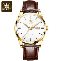 OLEVS 6898 Business Genuine Leather Strap Men Wristwatch Waterproof Quartz Dual Calendar Great Quality Watches for Men Calendar