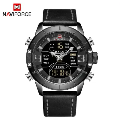 NAVIFORCE NF9153 Watches for Men Dual Display Digital Alarm Clock Fashion Leather Sport Waterproof Wristwatch