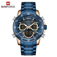NAVIFORCE NF9189 Men Stainless Steel Dual Display Watches Fashion Chronograph Sport Waterproof Wristwatch - Blue RoseGold