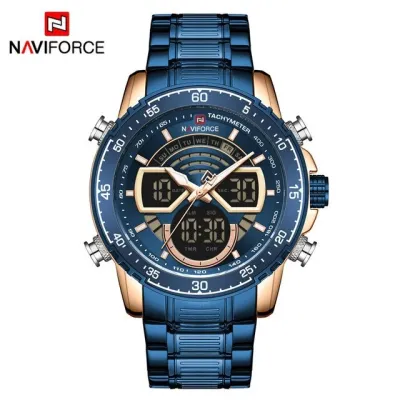 NAVIFORCE NF9189 Men Stainless Steel Dual Display Watches Fashion Chronograph Sport Waterproof Wristwatch - Blue RoseGold