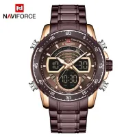 NAVIFORCE NF9189 Men Stainless Steel Dual Display Watches Fashion Chronograph Sport Waterproof Wristwatch - Coffee RoseGolde 