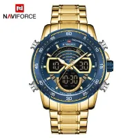 NAVIFORCE NF9189 Men Stainless Steel Dual Display Watches Fashion Chronograph Sport Waterproof Wristwatch - Gold Blue