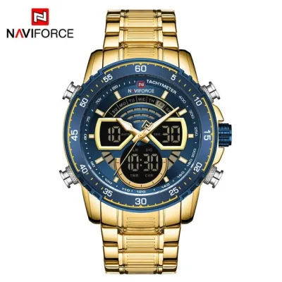 NAVIFORCE NF9189 Men Stainless Steel Dual Display Watches Fashion Chronograph Sport Waterproof Wristwatch - Gold Blue