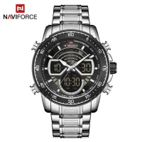 NAVIFORCE NF9189 Men Stainless Steel Dual Display Watches Fashion Chronograph Sport Waterproof Wristwatch - Silver Black
