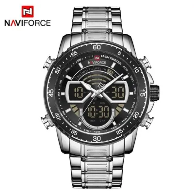 NAVIFORCE NF9189 Men Stainless Steel Dual Display Watches Fashion Chronograph Sport Waterproof Wristwatch - Silver Black