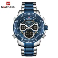 NAVIFORCE NF9189 Men Stainless Steel Dual Display Watches Fashion Chronograph Sport Waterproof Wristwatch - Silver Blue