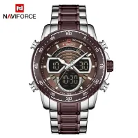 NAVIFORCE NF9189 Men Stainless Steel Dual Display Watches Fashion Chronograph Sport Waterproof Wristwatch - Silver Coffee