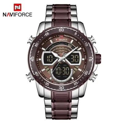 NAVIFORCE NF9189 Men Stainless Steel Dual Display Watches Fashion Chronograph Sport Waterproof Wristwatch - Silver Coffee