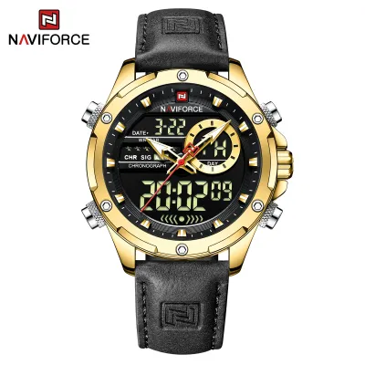NAVIFORCE NF9208  man digital watch exclusive Genuine Leather Strap double display character watch - BlackGolden