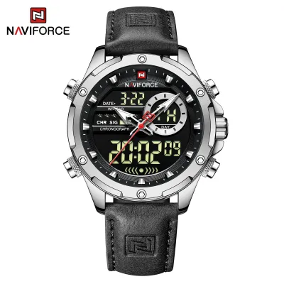 NAVIFORCE NF9208  man digital watch exclusive Genuine Leather Strap double display character watch - BlackSilver