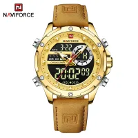NAVIFORCE NF9208  man digital watch exclusive Genuine Leather Strap double display character watch - Golden