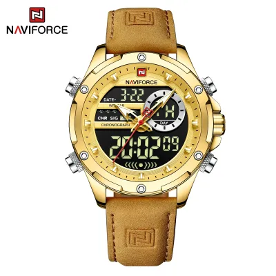 NAVIFORCE NF9208  man digital watch exclusive Genuine Leather Strap double display character watch - Golden