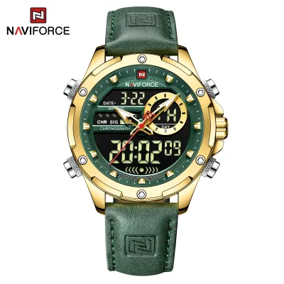 NAVIFORCE NF9208  man digital watch exclusive Genuine Leather Strap double display character watch - GreenGolden