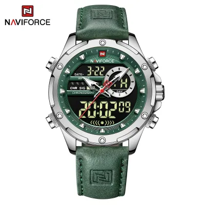 NAVIFORCE NF9208  man digital watch exclusive Genuine Leather Strap double display character watch - GreenSilver
