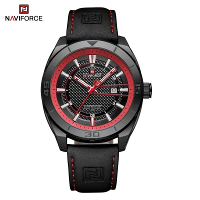 NAVIFORCE NF9209 Original Business Men's Watches Waterproof Casual Sports Military Leather Wristwatch  Man Quartz Calendar Clock - BlackRed