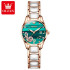 OLEVS 3605 Ceramic Strap Japan Quartz Women Wristwatch, Ceramics Luxury Fashion Waterproof Watch For Women Luminous Calendar-Green & RoseGold