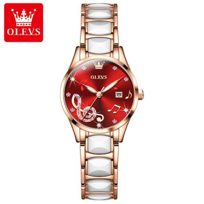 OLEVS 3605 Ceramic Strap Japan Quartz Women Wristwatch, Ceramics Luxury Fashion Waterproof Watch For Women Luminous Calendar-Red & RoseGold
