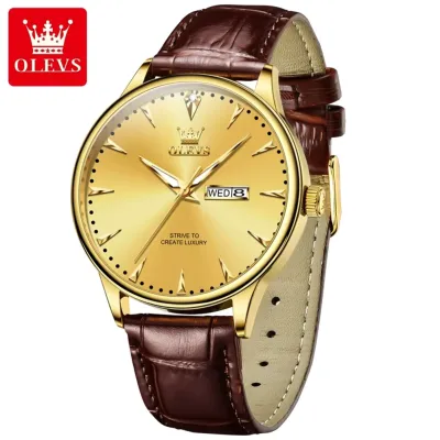 OLEVS 2933 Casual Wholesale Sport Wrist Watch Multifunction Quartz Movt Custom Wood Watch Men Chronograph Watch - Golden & Brown