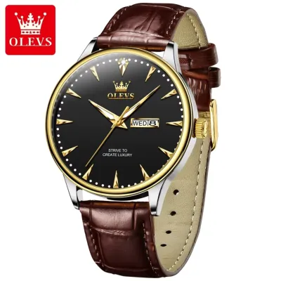 OLEVS 2933 Casual Wholesale Sport Wrist Watch Multifunction Quartz Movt Custom Wood Watch Men Chronograph Watch - Black & Brown