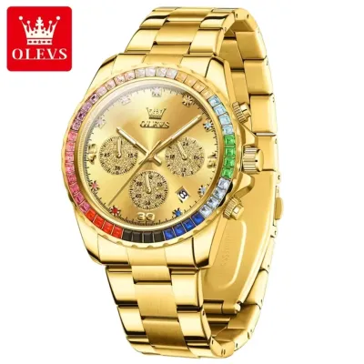 OLEVS 2939 Multifunctional Men's Watch Luxury Brand Colorful Diamond Waterproof dial High Quality Original Quartz Men's Watch - Golden