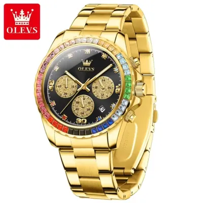 OLEVS 2939 Multifunctional Men's Watch Luxury Brand Colorful Diamond Waterproof dial High Quality Original Quartz Men's Watch - Black & Golden
