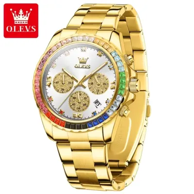 OLEVS 2939 Multifunctional Men's Watch Luxury Brand Colorful Diamond Waterproof dial High Quality Original Quartz Men's Watch - White & Golden