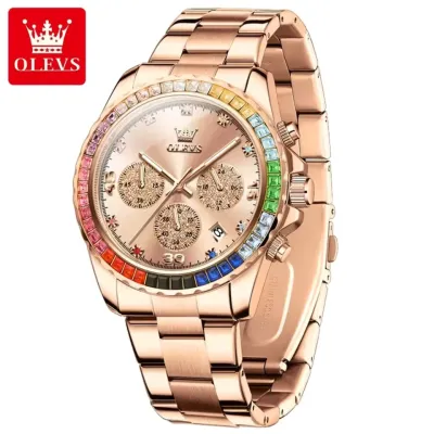 OLEVS 2939 Multifunctional Men's Watch Luxury Brand Colorful Diamond Waterproof dial High Quality Original Quartz Men's Watch - RoseGold