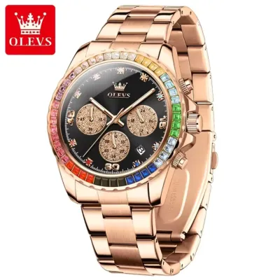 OLEVS 2939 Multifunctional Men's Watch Luxury Brand Colorful Diamond Waterproof dial High Quality Original Quartz Men's Watch - Black & RoseGold