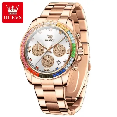 OLEVS 2939 Multifunctional Men's Watch Luxury Brand Colorful Diamond Waterproof dial High Quality Original Quartz Men's Watch - White & RoseGold