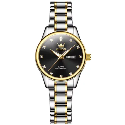 Olevs 3612 fashion quartz watch stainless steel watchband round-dial wristwatch week display calendar luminous - Black & Silver & Golden
