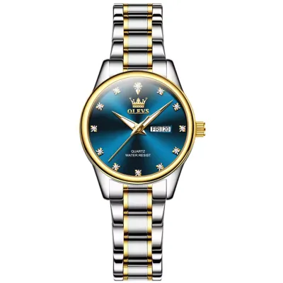 Olevs 3612 fashion quartz watch stainless steel watchband round-dial wristwatch week display calendar luminous - RoyalBlue & Silver & Golden