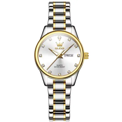 Olevs 3612 fashion quartz watch stainless steel watchband round-dial wristwatch week display calendar luminous - White & Silver & Golden