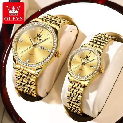 OLEVS 3625 Calendar Quartz Couple Watches Stainless Steel Diamond Luxury Watch For Men Women Waterproof Luminous Wristwatch - 3625C_Golden