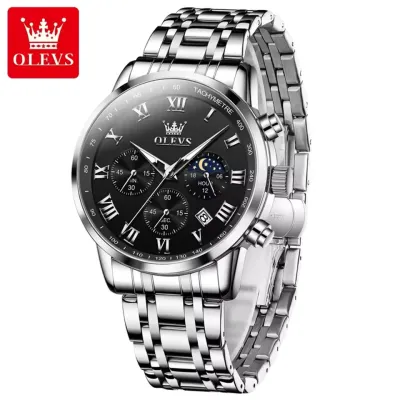 OLEVS 5529 Brand Men's Watch Waterproof Luminous Stainless Steel Lunar Phase Timing Code Watch New Quartz Men's Watch - SilverBlack