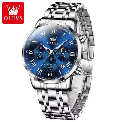 OLEVS 5529 Brand Men's Watch Waterproof Luminous Stainless Steel Lunar Phase Timing Code Watch New Quartz Men's Watch - SilverBlue