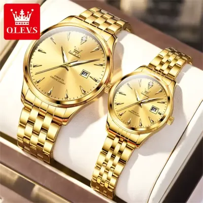 OLEVS 5598 Couple Watch Luxury Brand Waterproof Quartz Watch Fashion Diamond Calendar Date Week His and Her Couple Watch Gift - 5598C_Golden