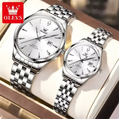 OLEVS 5598 Couple Watch Luxury Brand Waterproof Quartz Watch Fashion Diamond Calendar Date Week His and Her Couple Watch Gift - 5598C_Silver