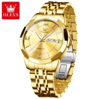 OLEVS 9989 Men's Watch Classic Prism Mirror Waterproof Dual Calendar Fashion Business Watch Luxury Brand Quartz Men Watch - Golden