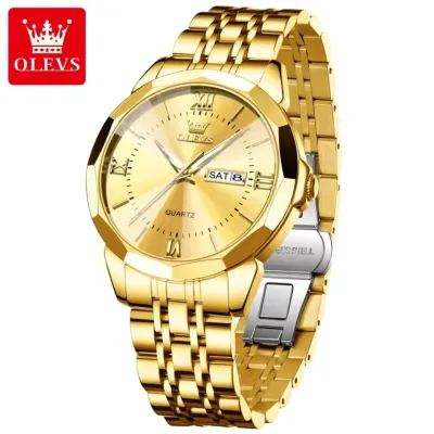 OLEVS 9989 Men's Watch Classic Prism Mirror Waterproof Dual Calendar Fashion Business Watch Luxury Brand Quartz Men Watch - Golden