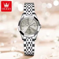 OLEVS 9998 Women's Fashion Business Waterproof Stainless Steel Double Calendar Diamond Quartz Watch - Gray & Silver