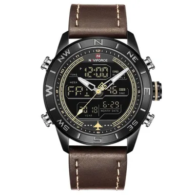 NAVIFORCE NF9144 Luxury Brand Men Sports Quartz Watch Men's Genuine Leather Waterproof Wrist Watches Male Fashion Date Week LED Clock - Black Chocolate