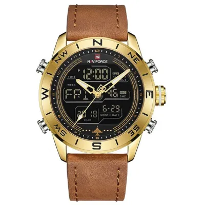 NAVIFORCE NF9144 Luxury Brand Men Sports Quartz Watch Men's Genuine Leather Waterproof Wrist Watches Male Fashion Date Week LED Clock - Golden Brown
