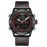 NAVIFORCE NF9144 Luxury Brand Men Sports Quartz Watch Men's Genuine Leather Waterproof Wrist Watches Male Fashion Date Week LED Clock - Red Black