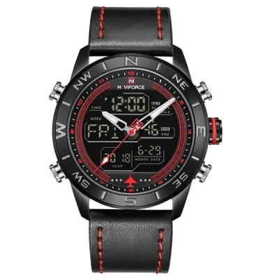 NAVIFORCE NF9144 Luxury Brand Men Sports Quartz Watch Men's Genuine Leather Waterproof Wrist Watches Male Fashion Date Week LED Clock - Red Black