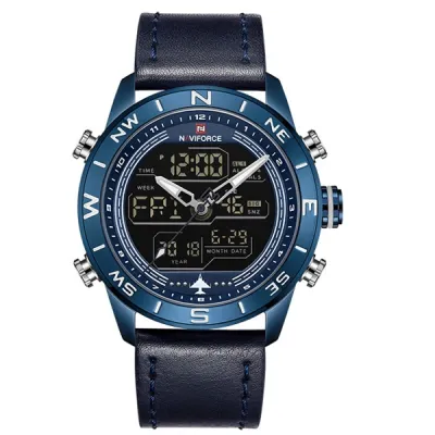 NAVIFORCE NF9144 Luxury Brand Men Sports Quartz Watch Men's Genuine Leather Waterproof Wrist Watches Male Fashion Date Week LED Clock - Royal Blue Navy Blue