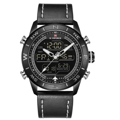 NAVIFORCE NF9144 Luxury Brand Men Sports Quartz Watch Men's Genuine Leather Waterproof Wrist Watches Male Fashion Date Week LED Clock - White Black