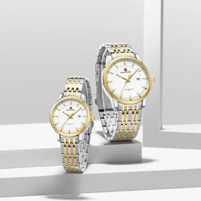 NAVIFORCE 9228 Fashion Wild Watch for Lover Stainless Steel Band Date Display Couple Wristwatch Quartz Water Resistant Business Clock - NF9228C_SilverGoldenWhite
