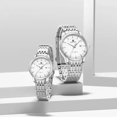 NAVIFORCE 9228 Fashion Wild Watch for Lover Stainless Steel Band Date Display Couple Wristwatch Quartz Water Resistant Business Clock - NF9228C_SilverWhite