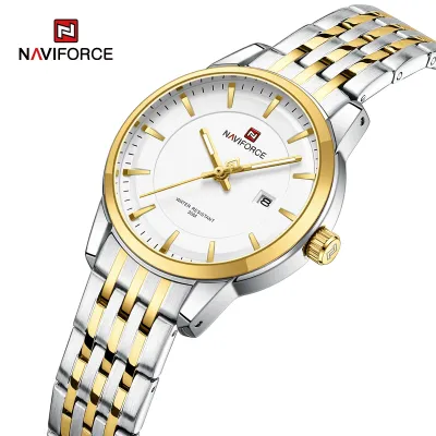 NAVIFORCE 9228 Fashion Wild Watch for Lover Stainless Steel Band Date Display Female Wristwatch Quartz Water Resistant Business Clock - NF9228L_SilverGoldenWhite
