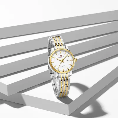 NAVIFORCE 9228 Fashion Wild Watch for Lover Stainless Steel Band Date Display Female Wristwatch Quartz Water Resistant Business Clock - NF9228L_SilverGoldenWhite